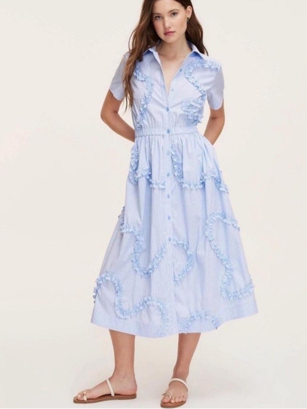🧡🔥kate spade - Blue & White Ribbon Short-Sleeve Midi Shirtdress - L